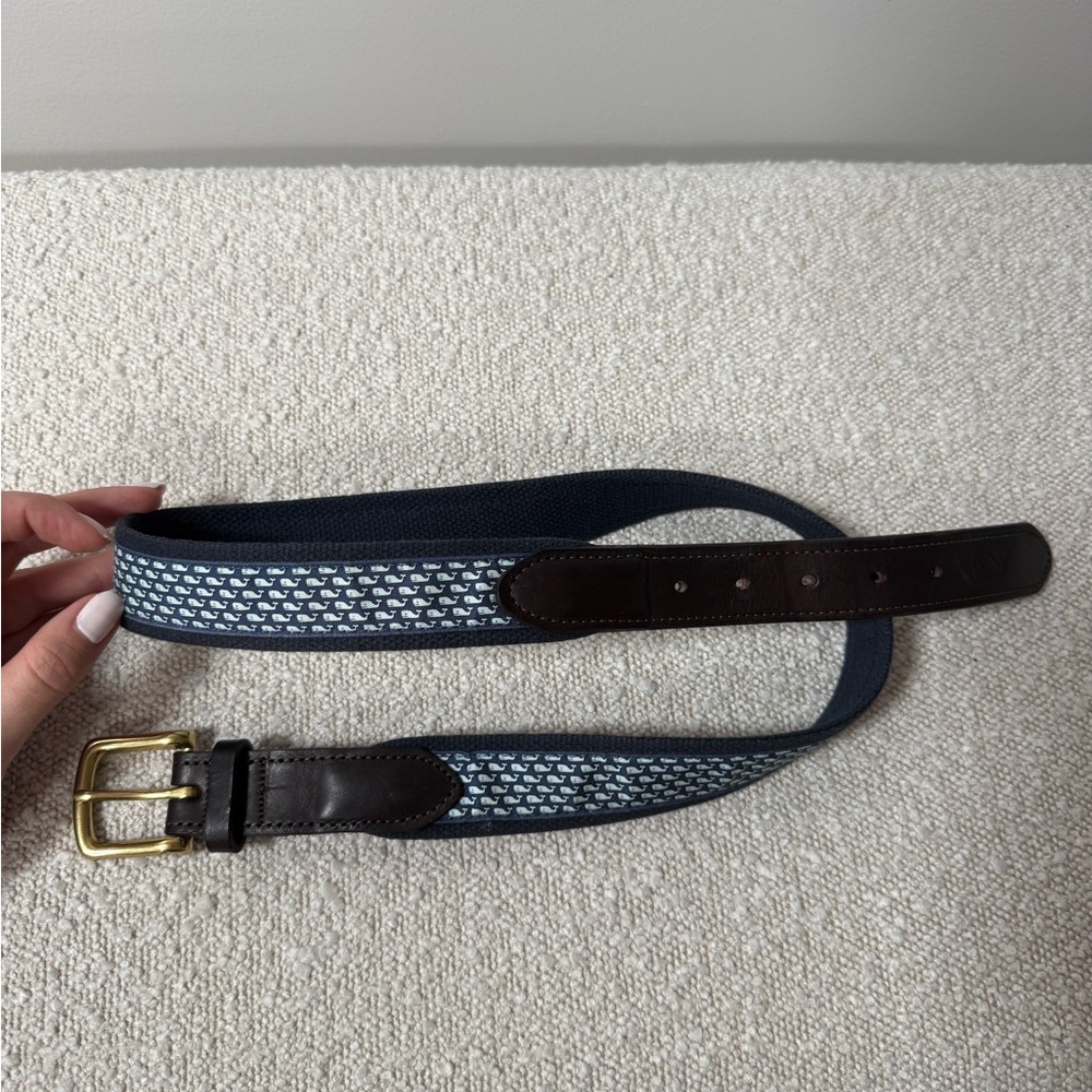 Vineyard Vines Navy Woven Whale Motif Belt with Brown Leather